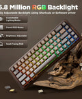 Built Different 65 Percent Wireless Mechanical Keyboard Featuring Solid Walnut Wood Shell And Hot Swap Switches For Sick Desk Setups And Smooth Gaming Sessions With Dope Rgb Lighting with adjustable RGB backlight.