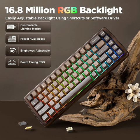 Built Different 65 Percent Wireless Mechanical Keyboard Featuring Solid Walnut Wood Shell And Hot Swap Switches For Sick Desk Setups And Smooth Gaming Sessions With Dope Rgb Lighting with adjustable RGB backlight.
