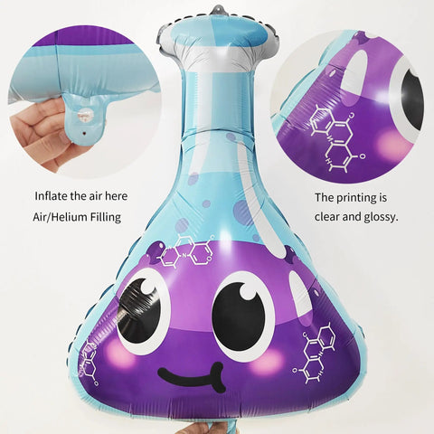 Six Pack Jumbo Flask Foil Balloons For Mad Scientist Party Decor Beaker Mylar Balloons with purple smiling design