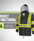 High Visibility Lightweight Waterproof Safety Rain Suit Featuring Reflective Work Jacket with hood and two cargo pockets.