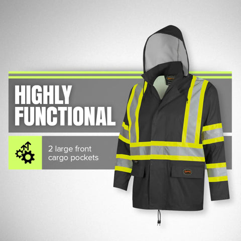 High Visibility Lightweight Waterproof Safety Rain Suit Featuring Reflective Work Jacket with hood and two cargo pockets.