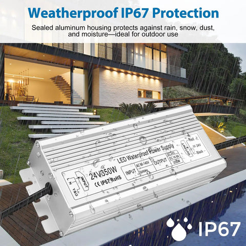 Heavy Duty 24V 350W LED Power Supply With IP67 Waterproof Build and Low Voltage Transformer AC To DC Converter outdoors.
