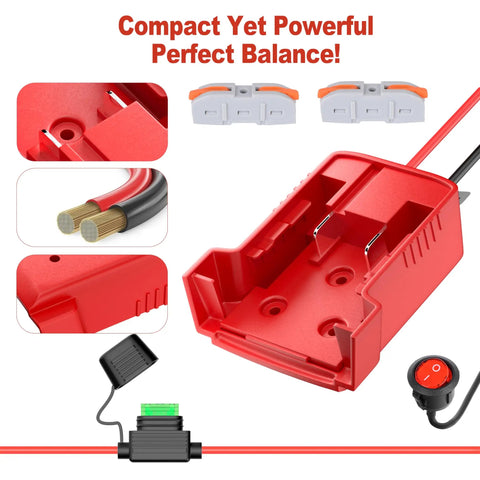 18V Battery Adapter Kit for Milwaukee M18 to Power Ride On Toys, red component with wiring and switch, detailed view.