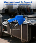 Heavy Duty 12V DC Fuel Transfer Pump 15 GPM With Auto Shutoff Nozzle filling a truck's fuel tank with an industrial grade hose.