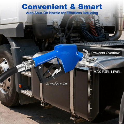 Heavy Duty 12V DC Fuel Transfer Pump 15 GPM With Auto Shutoff Nozzle filling a truck's fuel tank with an industrial grade hose.