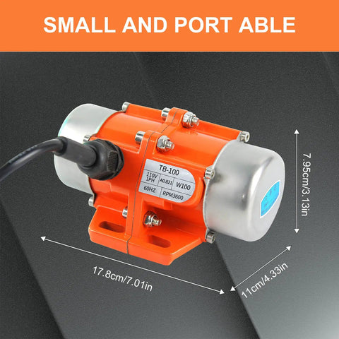 Powerful 100W Single Phase Concrete Vibrator Motor 110V 3600 RPM Aluminum Alloy Vibration Motor with dimensions shown