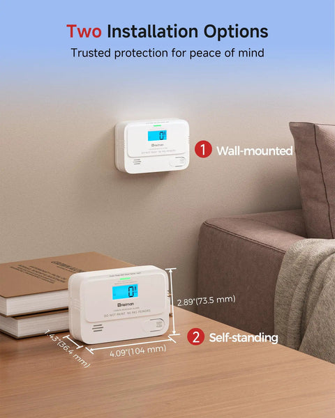 Compact Carbon Monoxide Detector With Bright Digital Display And UL Certification For Hassle Free Setup, shown mounted and standing on a table.