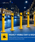 Tough As Nails 42 Inch Yellow Steel Bollard Rugged Powder Coated Traffic Barrier For Parking Garages And Warehouses 12 Gauge Impact Resistant Guard Post at night.