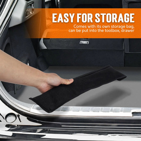 Hand holding canvas pouch in trunk, easy storage for Telescoping Lug Wrench Kit With 1/2 Drive And Dual End Sockets 17/19mm And 21/23mm, Heavy Duty Chrome Vanadium Construction, Includes Canvas Pouch For Car SUV Truck, Quick Tire Nut Removal And Get You Back On The Road Fast.