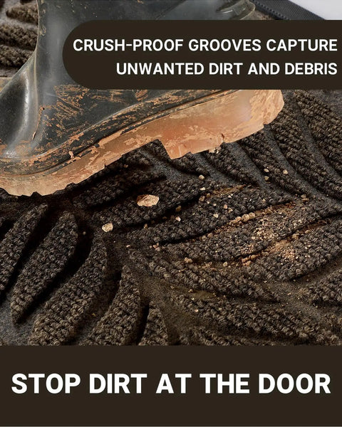 Boot stepping on All Season Waterproof Front Door Mat For Indoor Outdoor Use 29.5x17 Non Slip Doormat, showing leaf pattern.