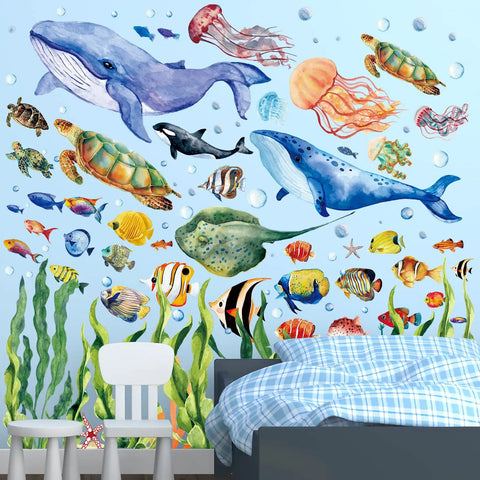 Glow In The Dark Under The Sea Wall Decals Set showing turtle and jellyfish in kids' room, removable vinyl wall art.