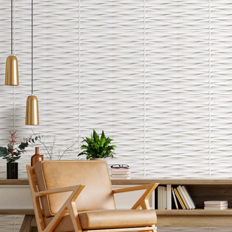 Peel And Stick 3D Wall Panels White Finish 19.7 By 19.7 Inches Noise Dampening PVC Tile Decor For Bedroom And Living Room 32 Sq Ft Pack Of 12 Waterproof Easy Install installed behind furniture