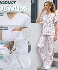 Woman wearing Cute Rabbit Pediatric Scrubs Tops And Pants Set for women in soft, breathable fabric, showing pockets and V-neck.