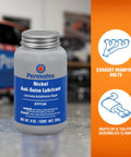 Permatex Nickel Anti-Seize Lubricant bottle, front view, 8 oz, blue label.