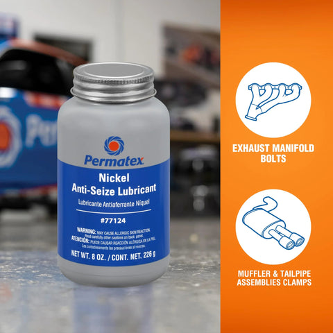 Permatex Nickel Anti-Seize Lubricant bottle, front view, 8 oz, blue label.