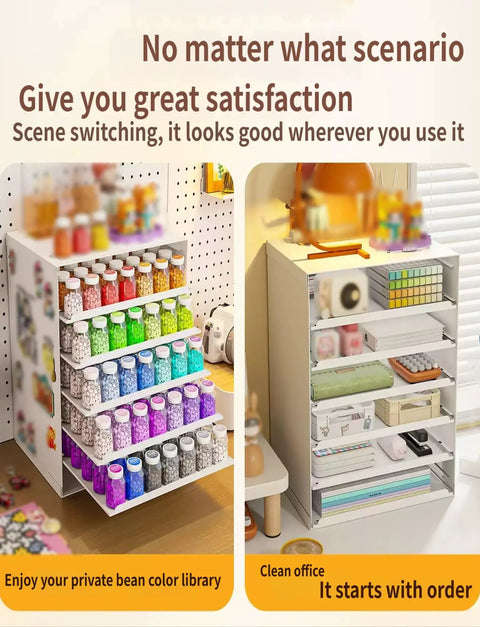 Desktop File Organizer With Drawers 3 Tier Letter Sorter And Craft Bead Container Office Supply Holder in pink viewed standing