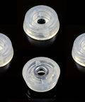 Four clear rubber feet bumpers with metal insert and stainless screws from 20 Pack Clear Rubber Feet Bumpers With Metal Insert And Stainless Screws Size Six, Non Marking And Food Safe, One Quarter Inch Tall, Top Width 0.671 Inch, Bottom Width 0.583 Inch, Great For Cutting Boards And Small Furniture, Made In USA.