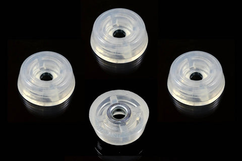 Four clear rubber feet bumpers with metal insert and stainless screws from 20 Pack Clear Rubber Feet Bumpers With Metal Insert And Stainless Screws Size Six, Non Marking And Food Safe, One Quarter Inch Tall, Top Width 0.671 Inch, Bottom Width 0.583 Inch, Great For Cutting Boards And Small Furniture, Made In USA.