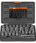 35 Piece Bolt Extractor Set With 1/4 And 3/8 Inch Drives For Damaged Rusted Stripped And Rounded Off Bolts And Nuts Easy Grip Nut Remover Socket Kit For Real World Tough Jobs Includes Adapters And Hex Heads in black case