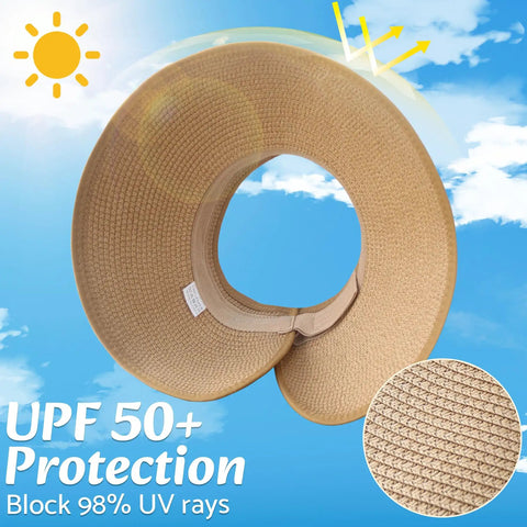 Women's Wide Brim Ponytail Straw Sun Hat Packable Foldable UPF Fifty Plus Khaki Beach Travel Floppy Hat outdoor sun protection