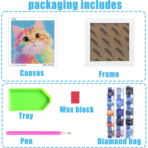 Diamond Art Kit For Kids Ages 8 To 12 6x6 Canvas With 7x7 Frame Kid Friendly No Fuss Easy Starter Set with colorful cat design