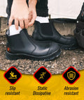 Mens 6 Inch Steel Toe Work Boots With Pull On Safety Leather Chelsea Design Static Dissipative Construction Durable Leather Safety Shoes For Job Sites US 14 Half Size Up Recommended being worn on a construction site with slip and abrasion resistance features highlighted.