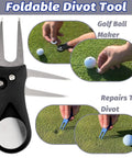 Black divot tool with marker and instructions for use. Part of Three In One Golf Gear Kit With Microfiber Waffle Towel Clip, Golf Club Brush Groove Cleaner And Divot Tool With Marker For Men And Women Ideal Gift For Golfers Of All Levels And Ages.