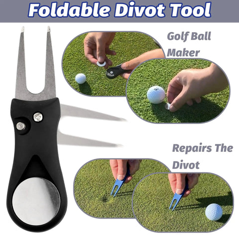 Black divot tool with marker and instructions for use. Part of Three In One Golf Gear Kit With Microfiber Waffle Towel Clip, Golf Club Brush Groove Cleaner And Divot Tool With Marker For Men And Women Ideal Gift For Golfers Of All Levels And Ages.