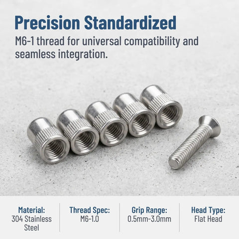 50 Pack M6 Knurled Stainless Steel Rivet Nuts Blind Rivet Nuts for Metal and Wood Installation with screw detail.