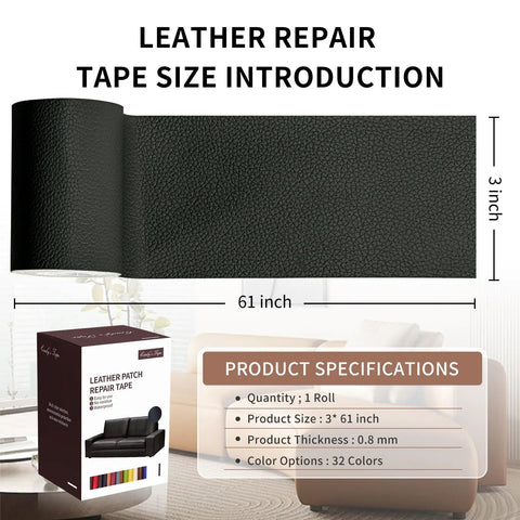 Self Adhesive Leather Repair Tape In Classic Black Go To Heavy Duty Vinyl Patch for furniture, 3x61 inches, waterproof.