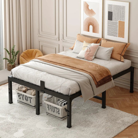 Rock Solid Full Size Bed Frame Featuring Heavy Duty Steel Slats And Recessed Middle Support Holds Three Thousand Five Hundred Pounds in a stylish bedroom setting.