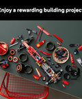 Ferrari SF-24 F1 Car Model Kit pieces and frame on a table, ready for assembly by adults, showcasing parts for suspension and steering
