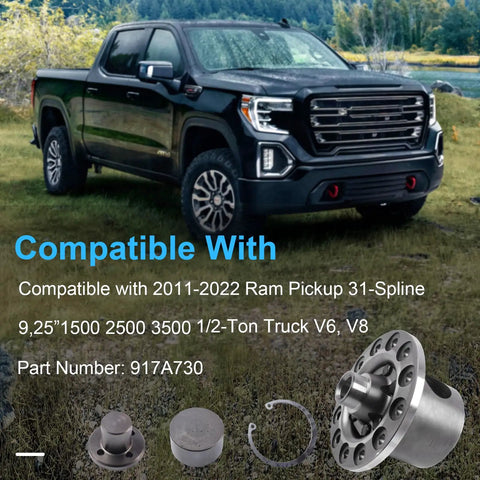 Built Tough Detroit Truetrac Rear Differential For 2011 To 2022 Ram 1500 Pickup 31 Spline 9 25 Inch Axle Housing V6 V8 Trucks Plug And Play Gear Swap with parts on ground.