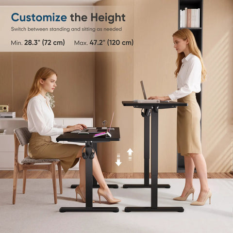 Two women demonstrating Electric Height Adjustable Standing Desk 48 By 24 Inches with dual setup in home office