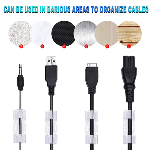 Adhesive Cable Clips Pack Of 100 securing various cables on different surfaces, showing clear clips in use across wooden, metal surfaces.