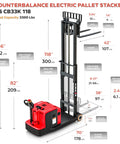 Heavy Duty Electric Counterbalance Workhorse Pallet Stacker Featuring 3300 Lb Capacity And A Snappy 10 Foot Lift Height For Zero Hassle Warehouse Material Handling Operations, detailed measurements shown.