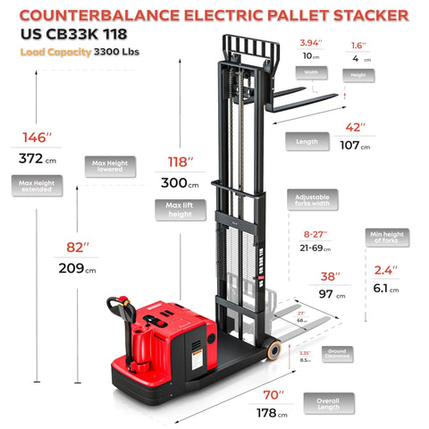 Heavy Duty Electric Counterbalance Workhorse Pallet Stacker Featuring 3300 Lb Capacity And A Snappy 10 Foot Lift Height For Zero Hassle Warehouse Material Handling Operations, detailed measurements shown.