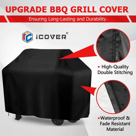 Heavy Duty Outdoor Grill Cover For Backyard BBQ Equipment Built Tough As Nails And Kicks Moisture Down South With Smooth Fit Design For Most Three To Five Burner Gas Grills Measuring Up To Fifty Eight Inches Wide In Sleek Black Color with high-quality double stitching.
