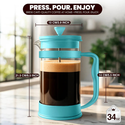 French Press Espresso And Tea Maker With Triple Filters Stainless Steel Plunger And Heat Resistant Borosilicate Glass Carafe In Aqua 34 Ounce viewed from the side on a kitchen counter