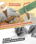 Comparison showing wood carving knife sharpening on green leather strop with safety gloves, highlighting ease of use.