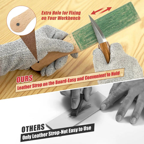 Comparison showing wood carving knife sharpening on green leather strop with safety gloves, highlighting ease of use.