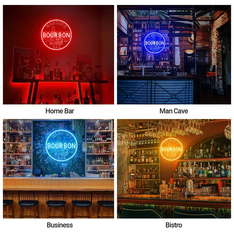 Personalized Bourbon Bar Neon Sign LED Wall Decor Dimmable Custom Text Neon Light in various settings including home bar, man cave, and bistro.