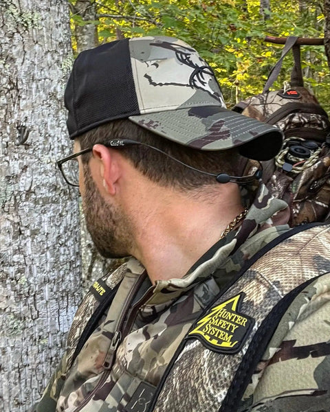 Man in camouflage with Monoz Adjustable Eyewear Retainer With Monofilament Like Line Off The Neck 14 Inch Black Non Conductive Eyewear Retainer