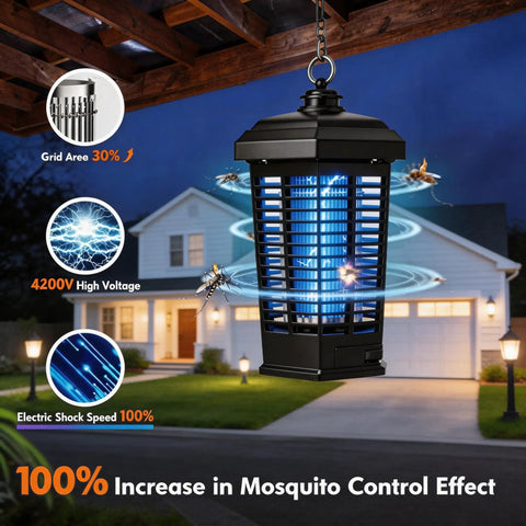 Outdoor Waterproof Mosquito Zapper Electric Insect Killer Lamp For Backyard Patio Garden And Sports Fields 4200V High Power 15W UV Light Mosquito Trap With Protective Cage And 10Ft Cord hanging in patio