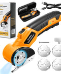Heavy Duty Cordless Electric Scissors With Led Work Light And Safety Lock, Rechargeable 4V Box Cutter For Cardboard Leather Fabric, 2000Mah Battery Cuts Materials Like A Hot Knife Through Butter in orange with accessories.