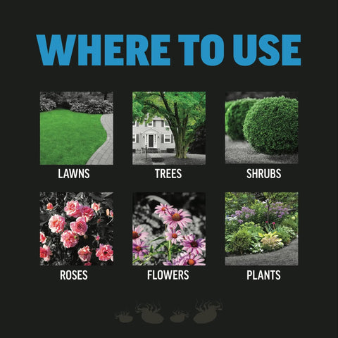 Tick Killer Yard Spray RTS for lawns, trees, shrubs, roses, flowers showing usage areas