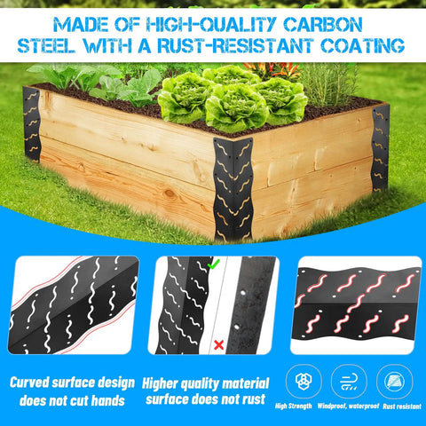 Set Of Eight Heavy Duty Raised Bed Corner Brackets With Wood Screws Rust Resistant Metal Connectors For 20 To 24 Inch Beds Easy Install Edging For Vegetable Planter Garden Matte Black Finish displayed on a garden planter with lettuce