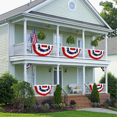 House with Patriotic Outdoor Pleated Fan Flags 1.5x3 Feet Stars And Stripes Banner 4 Pack for Fourth Of July Decor on porch