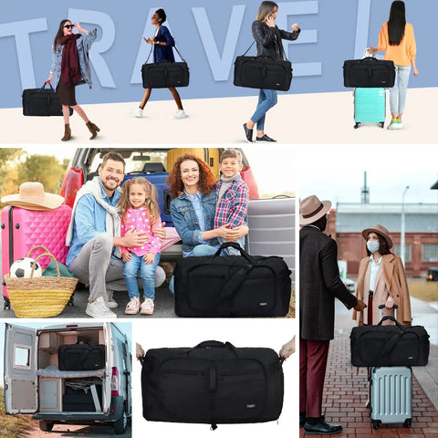 65L Duffle Bag With Shoes Compartment, Foldable Travel Duffel For Men And Women in various travel scenes and uses
