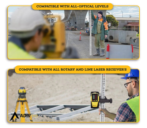 Workers using 9 Foot Aluminum Telescoping Pro Grade Rod with Dual Sided 5 Section Leveling Rod and accessories at a construction site